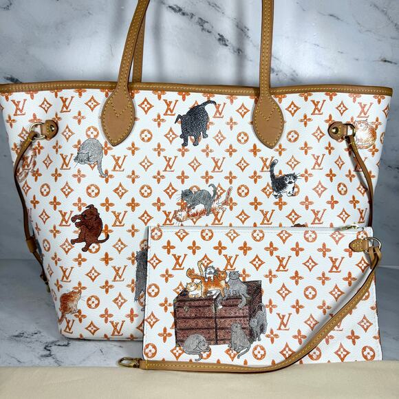 Louis Vuitton Catogram Neverfull Bag Ivory MM Grace Coddington Cat LV RARE tote - Picture 15 of 16
